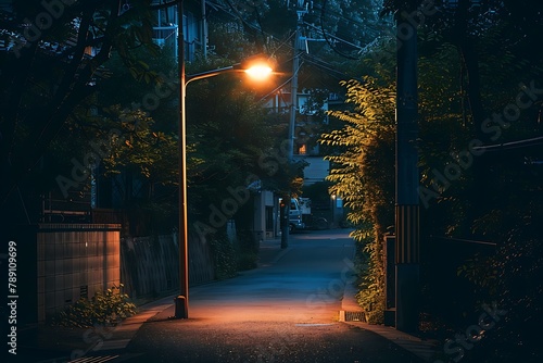 : A quiet street at night, with a single streetlight casting a warm circle of light