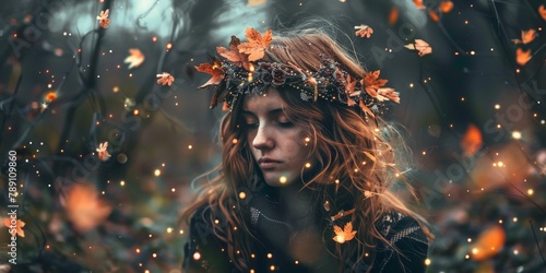 A woman wearing a leafy headband is surrounded by falling leaves photo