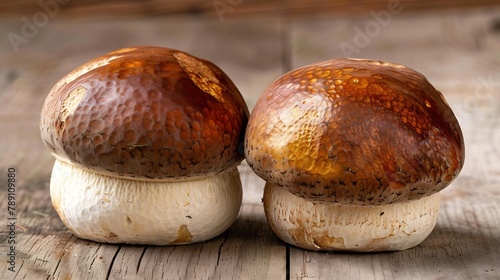 Pair of cep penny bun or porcino Boletus edulis is a basidiomycete fungus Macro close up of delicious edible big mushroom fruit bodies with brown cap and white tubes in autumn forest i : Generative AI