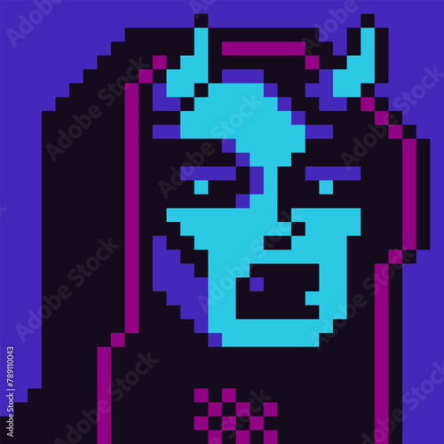 Pixel art creepy girl, witch, face with horns, Halloween costume scary portrait avatar character, 8-bit, ghost cartoon vector icon, game userpic, web profile person, people, social net, crypto art