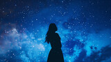 The silhouette of a slender young beautiful girl in the dark night starry sky