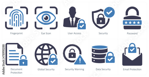 A set of 10 cyber security icons as fingerprint, eye scan, user access