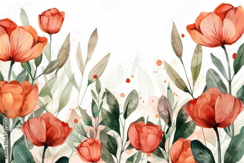 Watercolor tulip clipart in different shades of pink, red, and orange. flowers frame,botanical border, Wildflowers, Spring and Summer Floral, Leaves, Branches. Botanical Plant Illustration. #789110416