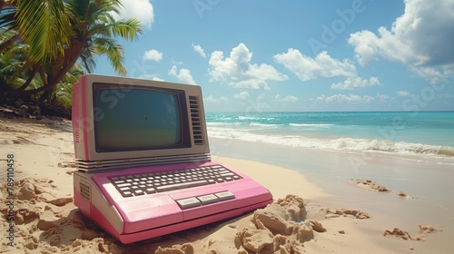 Vintage computer on tropical beach