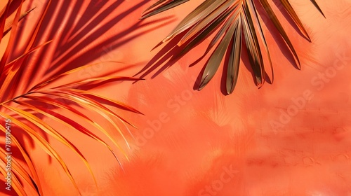 Red and orange color background with tropical palm shadow Two trend pastel paper and exotic plant shade layout Minimal summer flat lay with leaf silhouette overlay   Generative AI