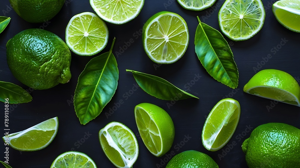 Group lime with sliced and green leaf on black dark background  top view  flat lay : Generative AI