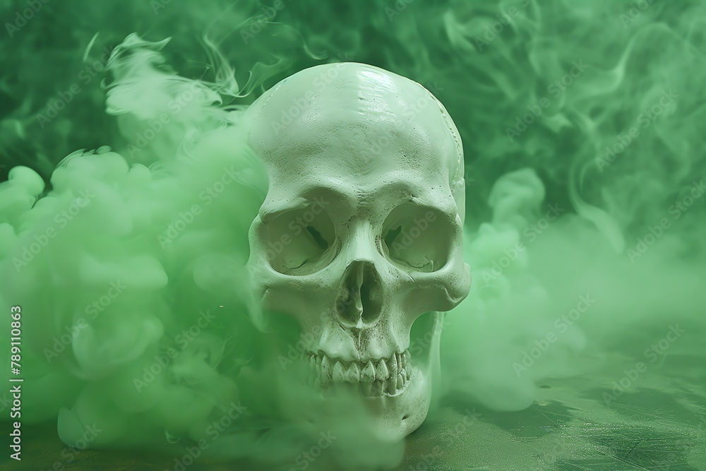Haunted skull Ghostly white skull, eerie green fog, hyper realistic Haunted skull Ghostly white skull, eerie green fog, hyper realistic