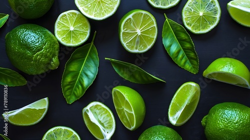 Group lime with sliced and green leaf on black dark background top view flat lay : Generative AI