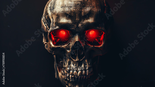 Skeleton horror  Creepy skull with glowing red eyes, black background hyper realistic