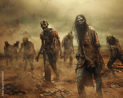Zombie apocalypse Zombies in a wasteland, desolate brown and rust, hyper realistic