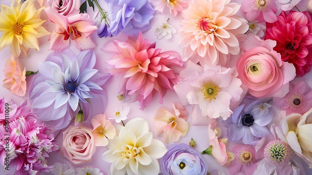 Vibrant spring garden flowers creative floral flat lay background romantic  pastel vibes : Generative AI