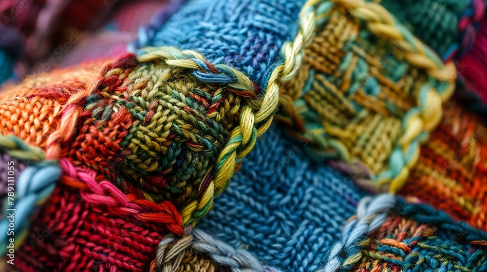 Colored plaid from different yarns Knitted texture woolen product homework hobbies knitting needlework Closeup background : Generative AI Colored plaid from different yarns Knitted texture woolen product homework hobbies knitting needlework Closeup background : Generative AI