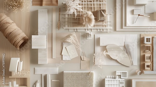 Flat lay design of creative architect moodboard composition with samples of building beige textile and natural materials and personal accessories Top view template : Generative AI