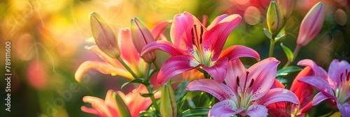 Iridescent Lily Cluster Basking in Vibrant Sunlight: A Close-Up Encounter with Nature's Radiant Beauty © Mickey
