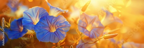 Iridescent Morning Glories Glowing Softly in Vibrant Sunlight CloseUp Shot of a Dense Cluster