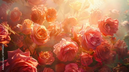 Radiant Roses Basking in Vibrant Sunlight  A Dazzling Cluster Blooming with Warmth and Purity