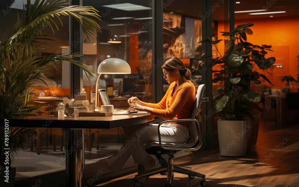 Woman working at desk with laptop computer. Generative AI Woman working at desk with laptop computer. Generative AI