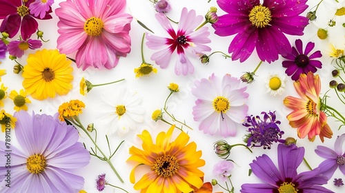 Summer flower creative layout Daisy cosmos blanket aster zinnia tickseed sunflower and doronicum flowers isolated on white background Floral frame border Design element Top view flat l : Generative AI photo