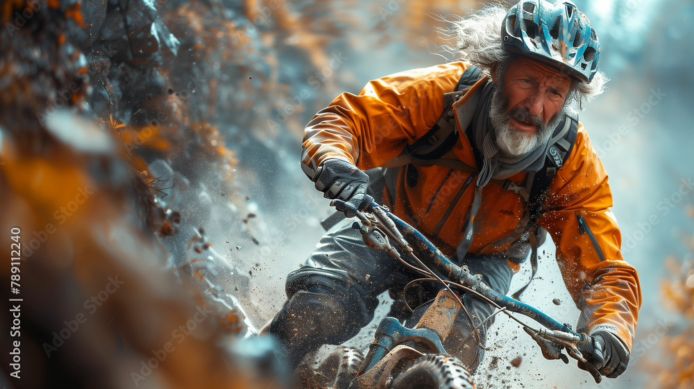 Man riding mountain bike through forest. Generative AI Man riding mountain bike through forest. Generative AI