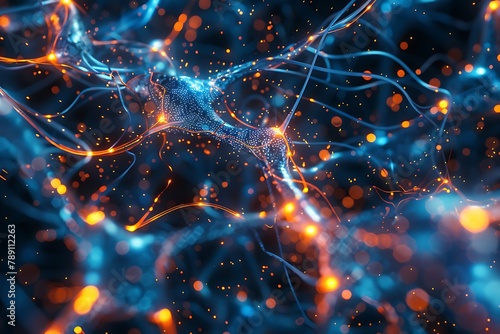 : A network of glowing neural pathways within a quantum computer, pulsing with vibrant blues and oranges.