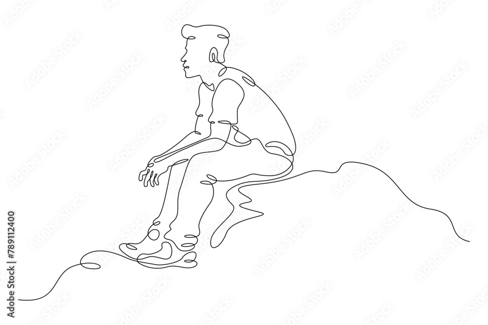 A man sits on the edge of a cliff. A young man sits alone on a rock. Romantic anticipation. A teenager is sad in loneliness.One continuous line drawing. Line Art isolated white background.