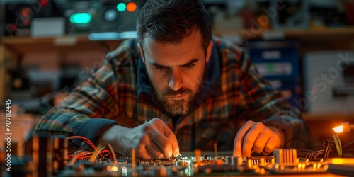 Engineer soldering circuit board at workshop