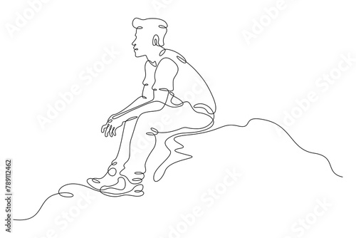 A man sits on the edge of a cliff. A young man sits alone on a rock. Romantic anticipation. A teenager is sad in loneliness.One continuous line drawing. Line Art isolated white background.