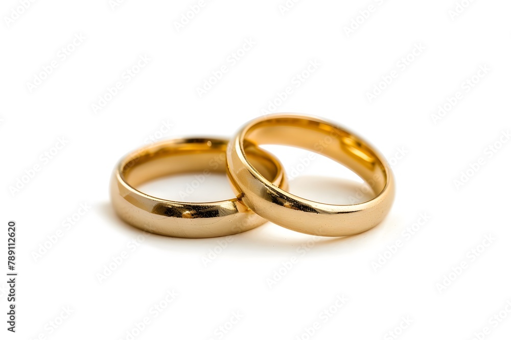 A pair of shiny gold wedding rings, elegantly isolated on a white background, symbolizing love, commitment, and the timeless beauty of marital bonds. A pair of shiny gold wedding rings, elegantly isolated on a white background, symbolizing love, commitment, and the timeless beauty of marital bonds.