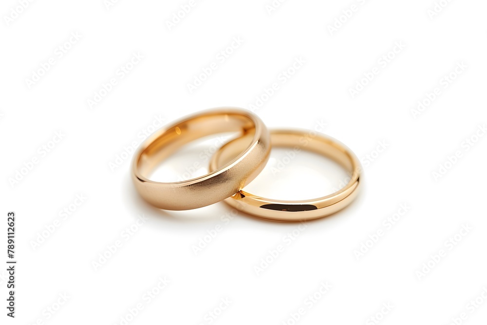 A pair of shiny gold wedding rings, elegantly isolated on a white background, symbolizing love, commitment, and the timeless beauty of marital bonds. A pair of shiny gold wedding rings, elegantly isolated on a white background, symbolizing love, commitment, and the timeless beauty of marital bonds.