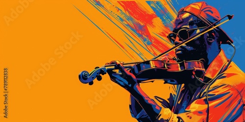 A man playing a violin on a colorful background. Concept of creativity and passion for music
