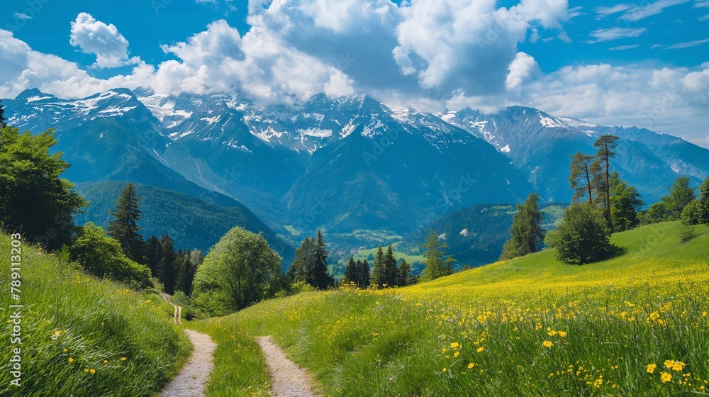 Obraz premium beautiful view of the mountains in the distance with a green flowering meadow country road. nature outside the city and path in the countryside