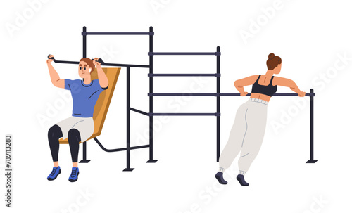 Street gym, workout sport ground. Young women exercising at athletic area. Active people, female training outdoor at fitness playground with bars. Flat vector illustration isolated on white background