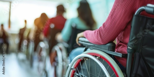 A woman in a wheelchair sits in a line of other people in wheelchairs. The scene is likely a gathering of people with disabilities, possibly at a support group or event. The woman's red sweater