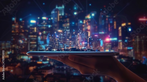 Waiter’s hand presenting digital tablet against smart city backdrop with IoT and augmented reality icons, nighttime urban scene