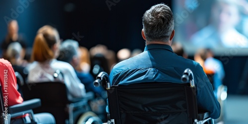 A man in a wheelchair sits in a crowded room. The man is looking at a television screen. The room is filled with people sitting in chairs