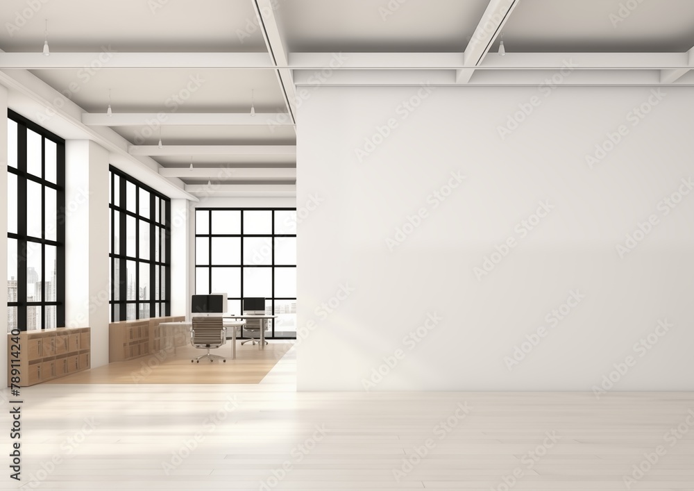 Empty woodfloored office with desk, chairs, large windows. Open space with blank wall Empty woodfloored office with desk, chairs, large windows. Open space with blank wall