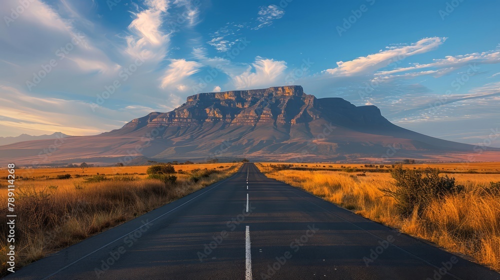 Fototapeta premium A long road with a mountain in the background. The sky is blue and the sun is setting