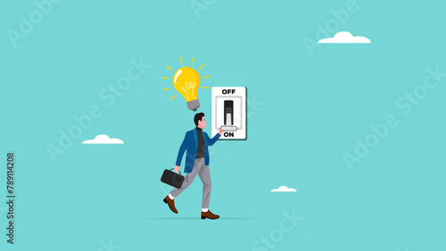 turn on creative light bulb idea, businessman turns on the switch to activate the light bulb idea, critical thinking or emotional intelligence, wisdom using knowledge or mindset