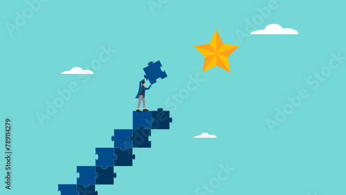strategy to achieve hope in business or career, journey to achieve new hopes of career development, businessman making ladder from puzzle to reach the star symbolizing successful goal achieve
