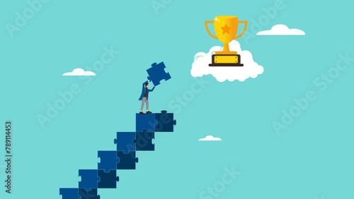 effort to achieve victory in business or career success, businessman making ladder from puzzle to reach the golden trophy symbolizing successful goal achieve, journey to business success