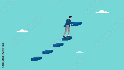 build a ladder of success, businessman building staircase from beam to progress ascending business growth, self development or career growth and job position improvement, efforts to growing business