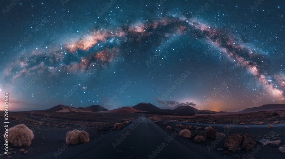 A beautiful night sky with a long, curving line of stars. The sky is filled with a variety of stars, some of which are brighter than others. The scene is peaceful and serene