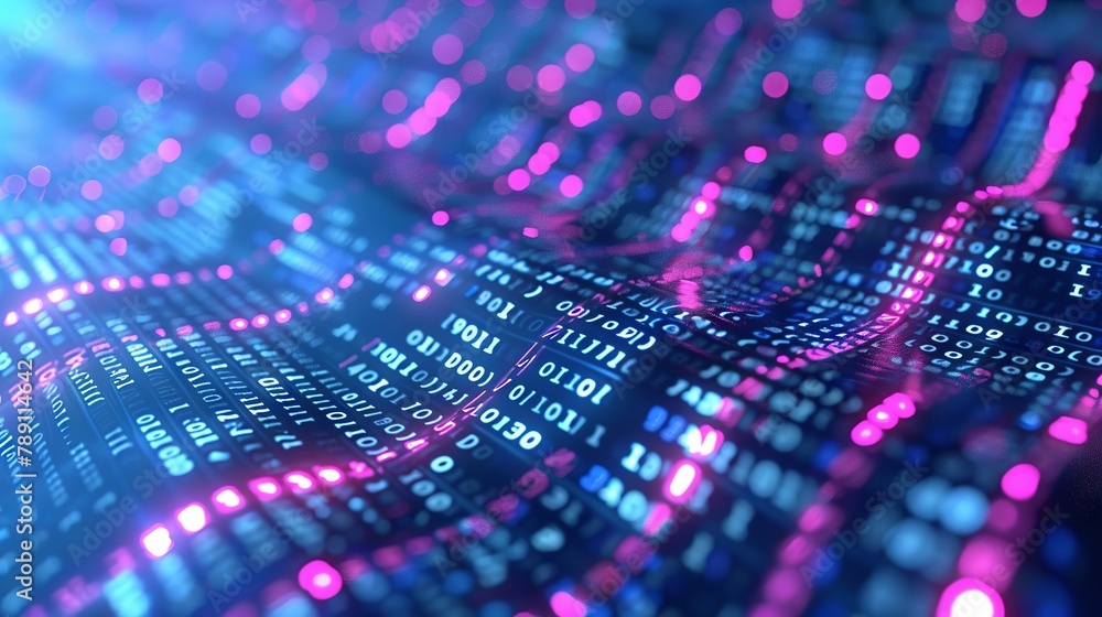 Digital data stream: terabytes of binary code and blockchain encryption in a dynamic neural network - 3D illustration Digital data stream: terabytes of binary code and blockchain encryption in a dynamic neural network - 3D illustration