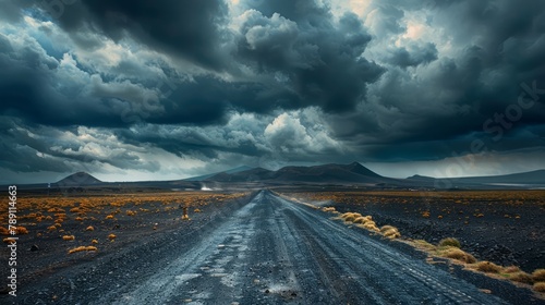A desolate road with a stormy sky above. The clouds are dark and ominous, and the road is wet and slippery. Scene is tense and foreboding, as if something ominous is about to happen