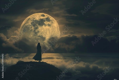 Lonely woman silhouette against stormy ocean and big detailed rising moon in night cloudy sky standing for solitude, isolation and sadness emotion of introverts photo