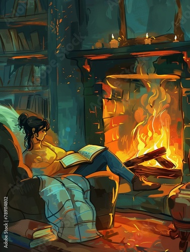 Casual illustrations Of someone curled up with a book by the fireplace.