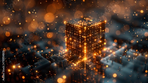 A cube is lit up with bright lights and surrounded by a blurry background. Concept of mystery and intrigue, as the cube seems to be the focal point of the scene photo