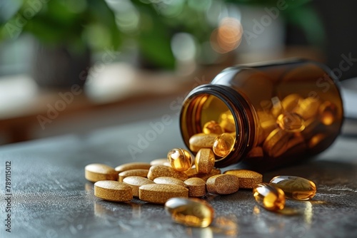 Supplement capsules and brown tablets spilled from a glass bottle onto a table, with a health focus