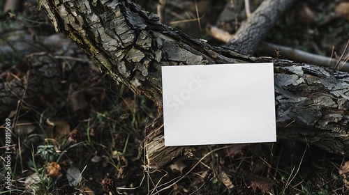 Invitation branding mockup Blank greeting card leaflet on cut wooden tree trunk in forest Blurred grass background Lumber timber industry and ecology concept Moddy natural lat lay top : Generative AI