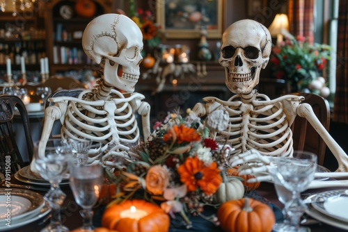 Two skeletons adorned in festive attire sitting at a table elegantly set for a candlelit Halloween dinner photo